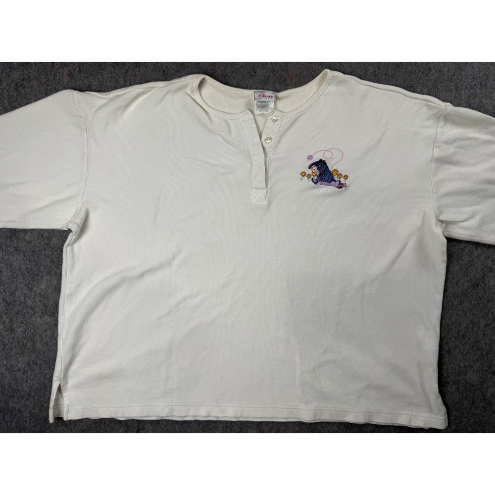Disney Eeyore Henley Shirt Womens XXL White Cotton Thermal Waffle Knit Vintage